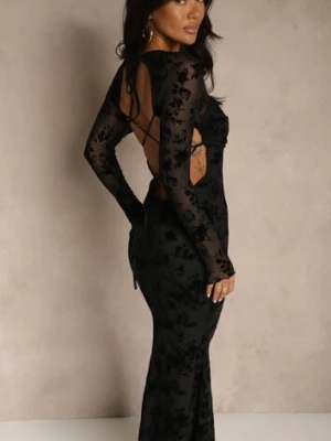 Czarna Sukienka VICES Bodycon z Siateczki Ozdobionej Wzorem w Kwiaty Rivita