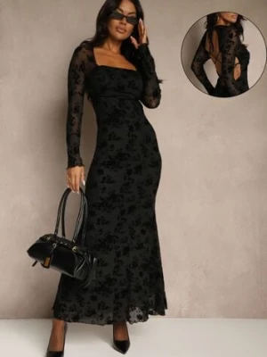 Czarna Sukienka VICES Bodycon z Siateczki Ozdobionej Wzorem w Kwiaty Rivita