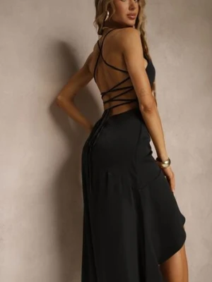 Czarna Sukienka Vices o Rozkloszowanym Kroju z Odkrytymi Plecami i Gorsetowym Wiązaniem Natiere