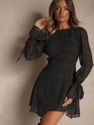 Czarna Sukienka Vices Ozdobiona Transparentnymi Rękawami i Kropkami Celziva