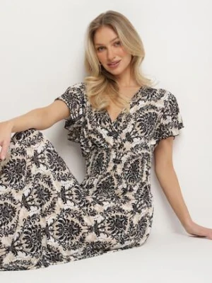 Czarna Sukienka w Etno Wzór z Falbankami i Gumką w Pasie Ellivira j&x