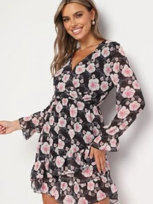 Czarna Sukienka w Kwiaty z Trójkątnym Dekoltem Marnlla unique