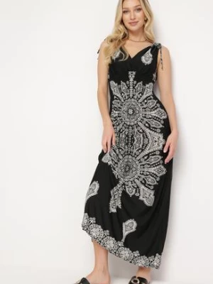 Zdjęcie produktu Czarna Sukienka w Stylu Boho z Gumką w Pasie i Troczkami na Ramionach Aretava