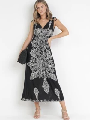 Czarna Sukienka w Stylu Boho z Gumką w Talii i Sznurkami przy Ramionach Niree j&x