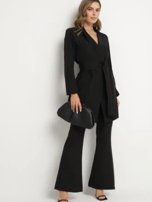 Czarna Sukienka w Stylu Marynarki z Paskiem i Usztywnionymi Ramionami Etinella tricot station