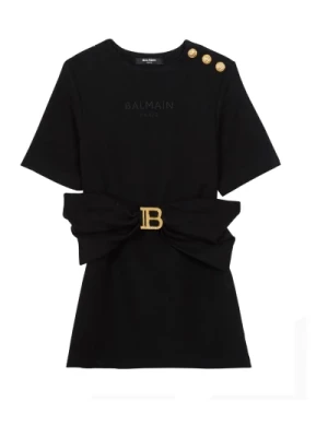 Czarna Sukienka w Stylu T-shirt z Złotymi Szczegółami Balmain