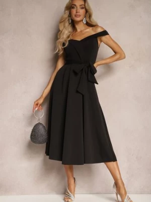 Czarna Sukienka Wieczorowa Hiszpanka z Materiałowym Paskiem Yellia
