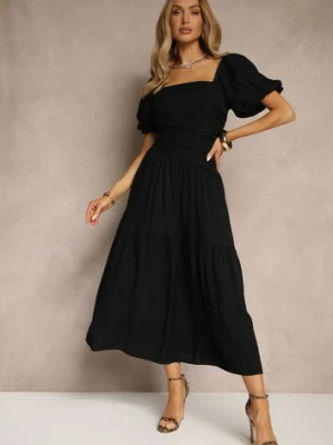 Czarna Sukienka Wiskozowa Drapowana z Rozkloszowanym Dołem Naprine unigirl