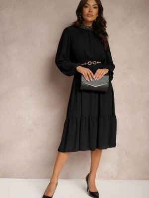 Czarna Sukienka z Aplikacjami na Stójce i z Gumką w Talii Lilora lovery