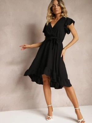 Czarna Sukienka z Asymetrycznym Tyłem z Kopertowym Dekoltem Ozdobiona Paskiem w Talii Toridia lovery