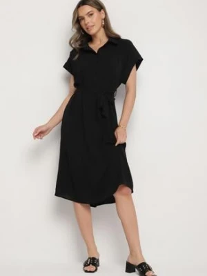 Czarna Sukienka z Bawełną i Ozdobnym Paskiem Savanire j&x