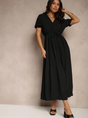 Czarna Sukienka z Bawełną Ozdobiona Kopertowym Dekoltem i Paskiem Grellevia h&s