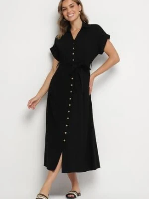 Czarna Sukienka z Bawełny o Koszulowym Kroju z Wiązanym Paskiem Elanitiela m&d fashion