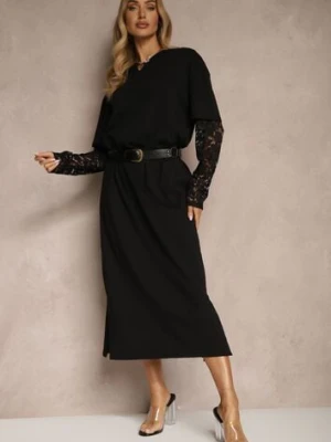 Czarna Sukienka z Bawełny o Kroju Typu T-shirt z Koronką i Rozcięciami Tanisla jumelle