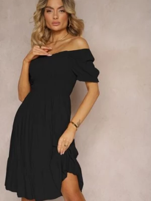 Czarna Sukienka z Bawełny Rozkloszowana z Falbankami i Marszczoną Górą Ercilla