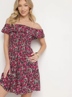 Czarna Sukienka z Bawełny Typu Hiszpanka z Falbankami w Kwiaty Aenne defox