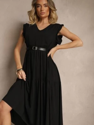 Czarna Sukienka z Bawełny z Falbankami Hirlio defox