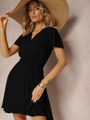 Czarna Sukienka z Bawełny z Gumką w Pasie z Dekoltem w Serek i Falbankami Quola