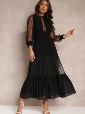 Czarna Sukienka z Bufiastym Rękawem Ozdobiona Tiulowymi Wstawkami Laluna elsa.m by may