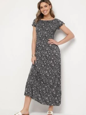 Czarna Sukienka z Bufkami przy Rękawach w Kwiaty Neralese j&x