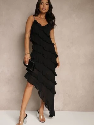 Czarna Sukienka z Falbankami o Asymetrycznym Kroju Linessiela elsa.m by may