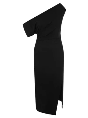 Czarna Sukienka z Jersey Sablé z Asymetrycznym Rękawem i Bocznym Rozcięciem Del Core