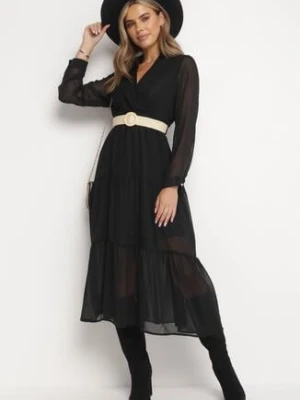 Czarna Sukienka z Kopertowym Dekoltem i Plecionym Paskiem Dirmi rosa