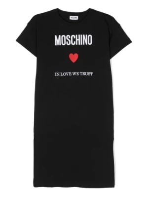 Czarna Sukienka z Logo i Sercem dla Dziewczynek Moschino