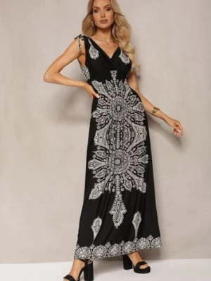 Czarna Sukienka z Ornamentalnym Wzorem Sznurkami Przy Ramionach i Gumką w Talii Alerada generation