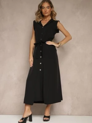 Czarna Sukienka z Paskiem Koszulowa o Rozkloszowanym Fasonie Mavoselle allyson