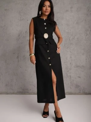 Czarna Sukienka z Wiskozą i Lnem w Eleganckim Stylu z Paskiem z Ozdobą Coritia m&d fashion