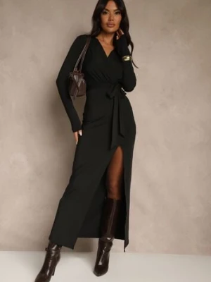 Czarna Sukienka z Wiskozą o Kopertowym Kroju z Rozcięciem i Wiązanym Paskiem Tesela