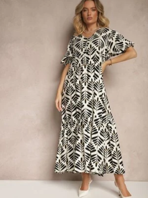 Czarna Sukienka z Wiskozą o Rozkloszowanym Kroju w Roślinny Wzór Heledis rosa