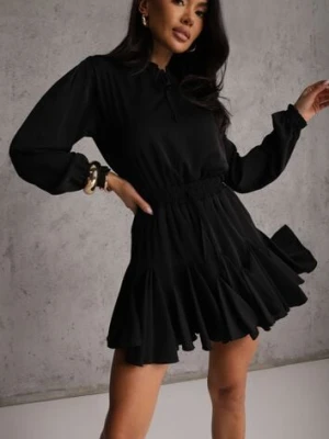 Czarna Sukienka z Wiskozą o Rozkloszowanym Kroju z Falbankami i Wiązaniem Meriianes ann gissy