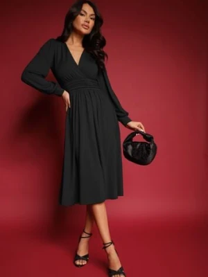 Czarna Sukienka z Wiskozą o Rozkloszowanym Kroju z Kopertową Górą Seliane by swan