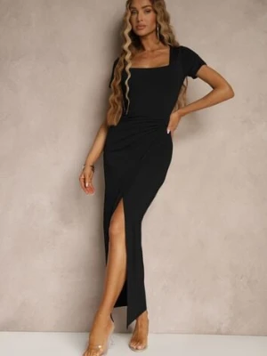 Czarna Sukienka z Wiskozą Ozdobiona Marszczeniem i Rozcięciem na Nogę Milanorea by swan