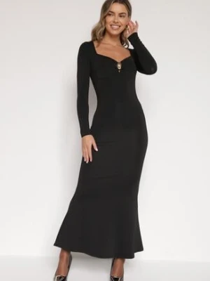 Czarna Sukienka z Wiskozą Ozdobiona Metalową Klamrą Refira lovery