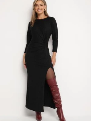 Czarna Sukienka z Wiskozą Ozdobiona Wiązaniem i Metaliczną Nicią Ellinira new collection