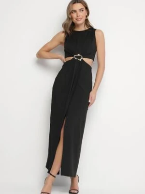 Czarna Sukienka z Wiskozą Ozdobiona Wycięciami i Metalową Aplikacją Odivaria by swan