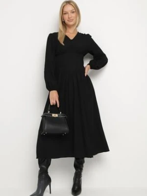 Czarna Sukienka z Wiskozą z Gorsetową Talią i Bufiastymi Rękawami Aniste unigirl