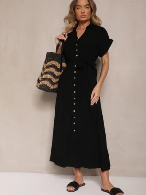 Czarna Sukienka z Wiskozy i Lnu o Koszulowym Kroju z Paskiem Efralissea j&x
