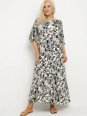 Czarna Sukienka z Wiskozy o Prostym Kroju z Wiązaniem w Roślinny Wzór Edirania j&x