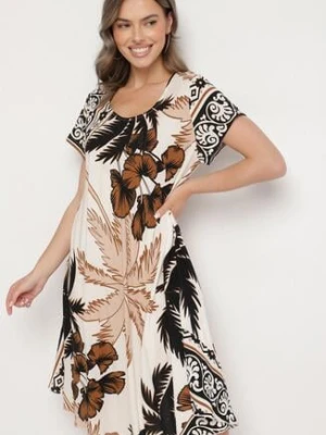 Czarna Sukienka z Wiskozy o Rozkloszowanym Kroju w Roślinny Wzór Miratiela cflo