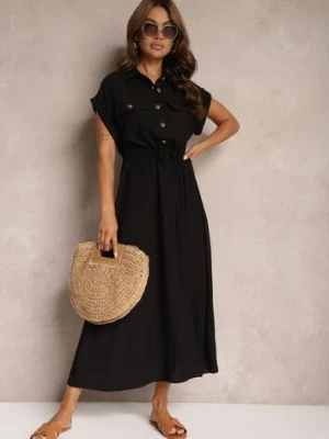 Czarna Sukienka z Wiskozy o Rozkloszowanym Kroju z Gumką w Pasie i Napami Memvia rosa