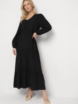Czarna Sukienka z Wiskozy o Rozkloszowanym Kroju z Koronkowymi Wstawkami Gonessae