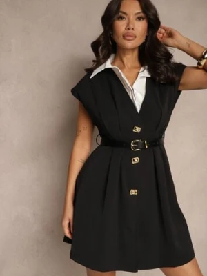 Czarna Sukienka z Wiskozy o Rozkloszowanym Kroju z Koszulowym Kołnierzem Aluessa elsa.m by may