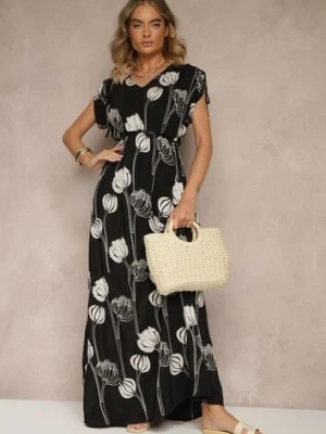 Czarna Sukienka z Wiskozy Ozdobiona Haftami Lumamire j&x