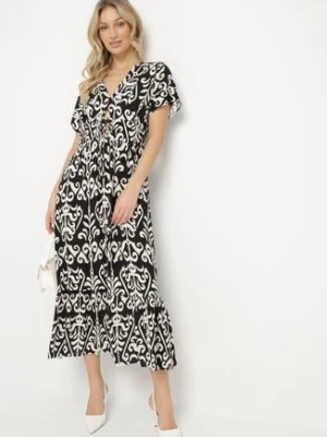 Czarna Sukienka z Wiskozy w Abstrakcyjny Wzór Faledira cflo