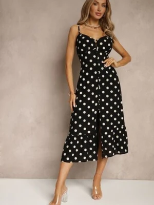 Czarna Sukienka z Wiskozy w Grochy o Taliowanym Kroju na Ramiączka Lavilsa rosa