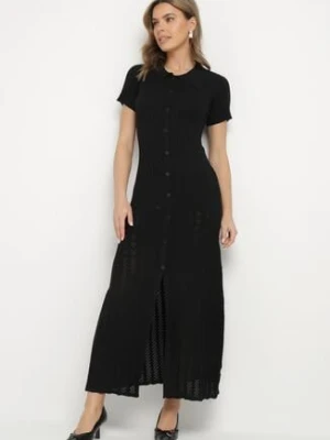 Czarna Sukienka z Wiskozy z Koronką Kołnierzykiem i Guzikami Alaniris elsa.m by may